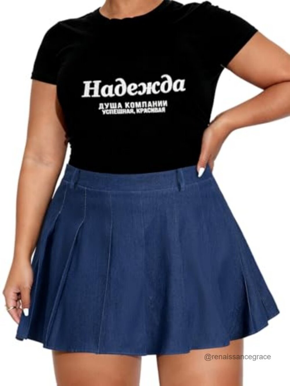Women's Plus Size Denim Pleated Mini Skirt with Built-in Shorts & Pockets